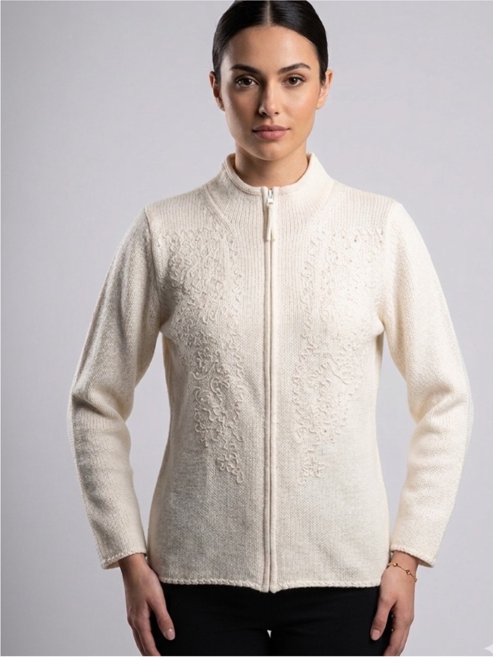 Classic Cream Zip-Front Embroidered Cardigan